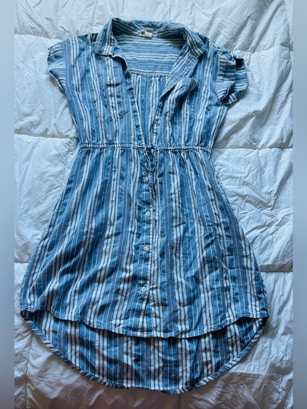 Ann Taylor Blue and White Striped Button-Front Dress